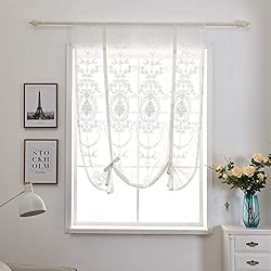 Visillos Bordados Para Ventanas Qucover Visillo Corto translucido para Ventanas,Cortina Gasa Romana Blancas(Anchura 60cm y Altura 120cm),Cortina del Voile Cocina con Bordado Floral para cafetería,Restaurante