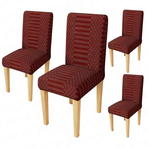 Image of Lukzer Elastic Dining Chair Cover - 4PC Pastel Deep Maroon Dotted Stripe | Textured High Stretch Jacquard Seat Cover | Removable Washable Short Dining Chair Cover Protector Seat Slipcover | CC-132-04