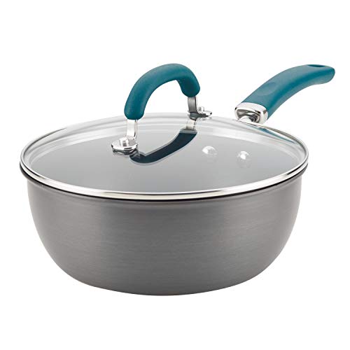 Rachael Ray Create Delicious Hard Anodized Nonstick Saute/All Purpose Pan with Lid, 3 Quart - Gray With Teal Handles