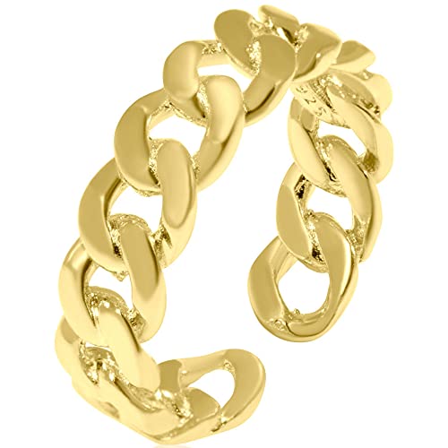 Adjustable Chain Ring for Women in 14k Yellow Gold Plate on 925 Sterling Silver - Vintage Open Ring - Cute and Trendy Handmade Jewelry - Dainty Flexible, Wrap and Fit to Every Finger - Cool Rings