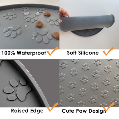 Napfunterlage Katzen, 27×27 cm Silikonmatte Rund, rutschfeste Unterlage Hundenapf für Futter, Wasserdicht Silikon-Futtermatten für Mittlere und Kleine Haustiere (1Pack Grau, 27cm x 27cm)