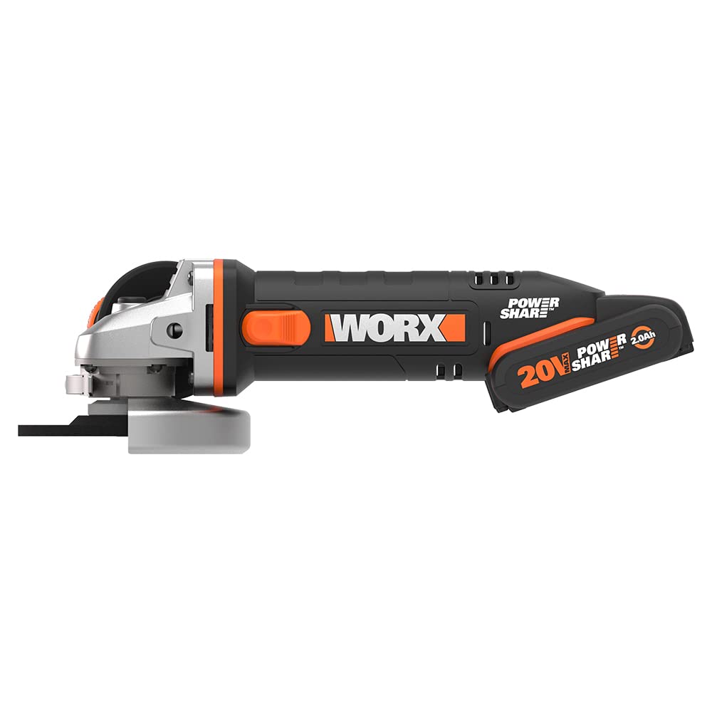 Worx WX800 Amoladora Angular 115mm 20V 8.000rpm 2 Baterías | Disc. 115mm, husillo M14, disco desbaste metal, cargador 1h, 2 baterías 2Ah, maletín
