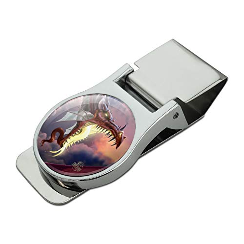 Fantasy Fire Breathing Dragon Flame On Satin Chrome Plated Metal Money Clip