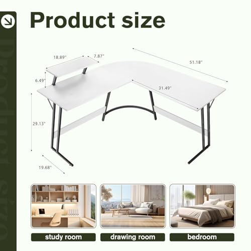 Image of Deskio Siyora L Shaped Table I Computer Table for Home Pc I Office Computer Table for Home I Rounded Corner Desk I Gaming I Worktable (130 Cm x 50 Cm x 75 Cm) White Wood, Metal - DIY