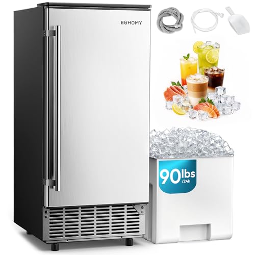 EUHOMY 15' W Commercial Under Counter Ice Maker Machine, 90 Lb/Day Auto-Cleaning & 24H Timer, Gravity Drainage,Stainless Steel Built-in Freestanding Ice Maker, 24 Lb Bin, Ideal for Commercial & Home