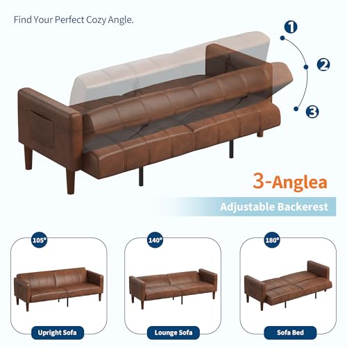 Image of GarveeHome Futon Sofa Bed, 75-Inch Modern Faux Leather Convertible Couch, Mid-Century Loveseat for Small Space, Living Room, Bedroom, Brown