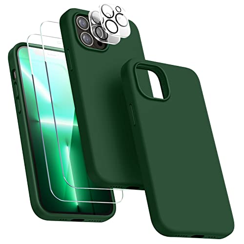 Dssairo [5 in 1 for iPhone 13 Pro Case, with 2 Pack Screen Protector + 2 Pack Camera Lens Protector, Liquid Silicone Ultra Slim Shockproof Protective Phone Case [Microfiber Lining] 6.1 (Alpine Green)â¦