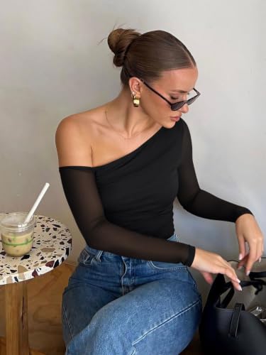 PINKMSTYLE Womens Mesh Asymmetrical Long Sleeve Off Shoulder Going Out Tops - image 2