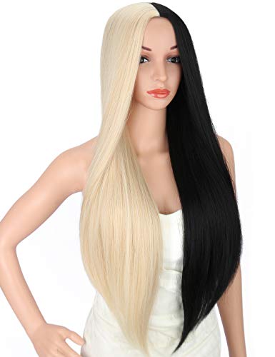 Sotica 28" Cosplay Wigs for Women Half Blonde and Half Black Color Middle Parted Long Silky Smooth Straight High Temperature Synthetic Full Hair Wigs - Thumbnail 3