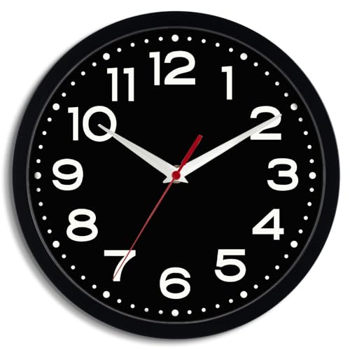Wall Clock Silent Non-Ticking Modern Clock Battery Operated 10 Inch Small Classic Analog Decorative for Kitchen, Living Room, Office, Bedroom, Bathroom (Black Black)