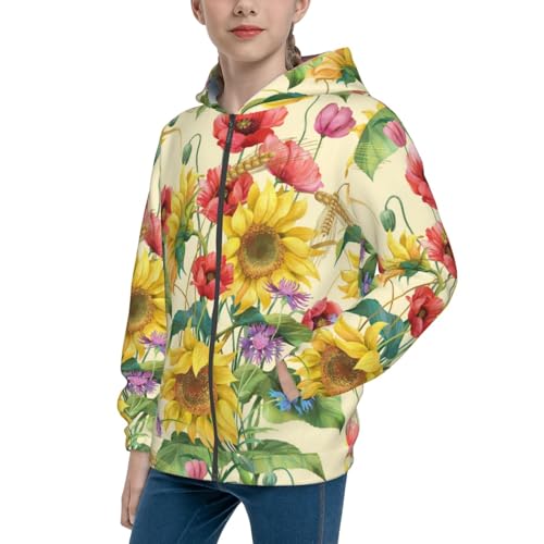 Sunflower Cornflower Poppy Kids Pullover Hoodies Boys Zip Up Sweatshirts Girls Athletic Clothes with Pocket