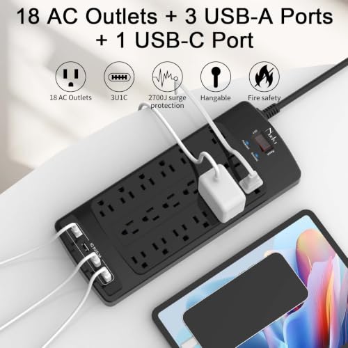 Image of 18 Outlets Surge Protector Power Strip - Nuetsa 10 Feet Flat Plug Heavy Duty Extension Cord with 18 Widely Outlets and 4 USB Ports, 2100 Joules, Black, ETL Listed