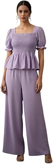 TANUSHK Co-ord Set, Women's Smocked Puff Sleeve Peplum Top with Wide Leg Pants, Two Piece Outfit Price In India
