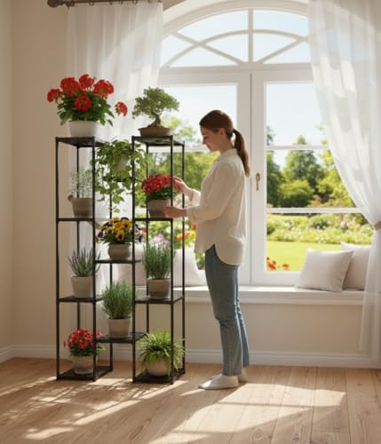 KRISHYAM® 11-Tier Plastic Flower Stand for Indoor & Outdoor | Multi-Layer Plant Display Rack for Pots | Rust-Free, Heavy-Duty Garden Organizer Shelf (BLACK, 11 TIER)