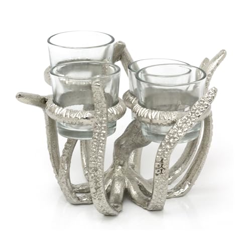Octopus Tealight Candle Holder | Nautical Octopus with 4 Glass Candle Holders | Silver Aluminium Tea Light Candelabra - 19x17cm - Cosy Home Interiors Octopus Tealight Candle Holder | Nautical Octopus with 4 Glass Candle Holders | Silver Aluminium Tea Light Candelabra - 19x17cm - Image 7