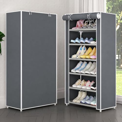 Image of YouCopia Shoe Rack for Home Non Woven Fabric - DIY Multipurpose Shoe Rack Organizer, 6-Layer Shoe Rack for Home -Shelf with Dustproof Door Entryway for Heels /Slippers /Boots (Grey, 6-Layer)