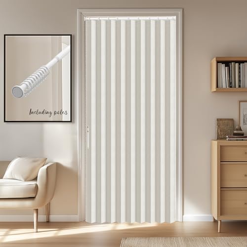 Image of AJAZZ Blackout Door Curtain with Curtain Rods Adjustable 28-52 inch Long Accordion Door Closet Curtain Invisible Applicable Bedroom Room Living Room Doorway (1 Pack, 54 W x 78 L, Cream White)