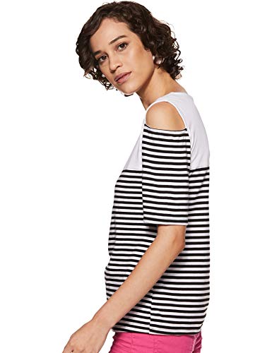 Image of Miss Chase Women's Navy Blue and White Round Neck Half Sleeves Striped Cold Shoulder Top