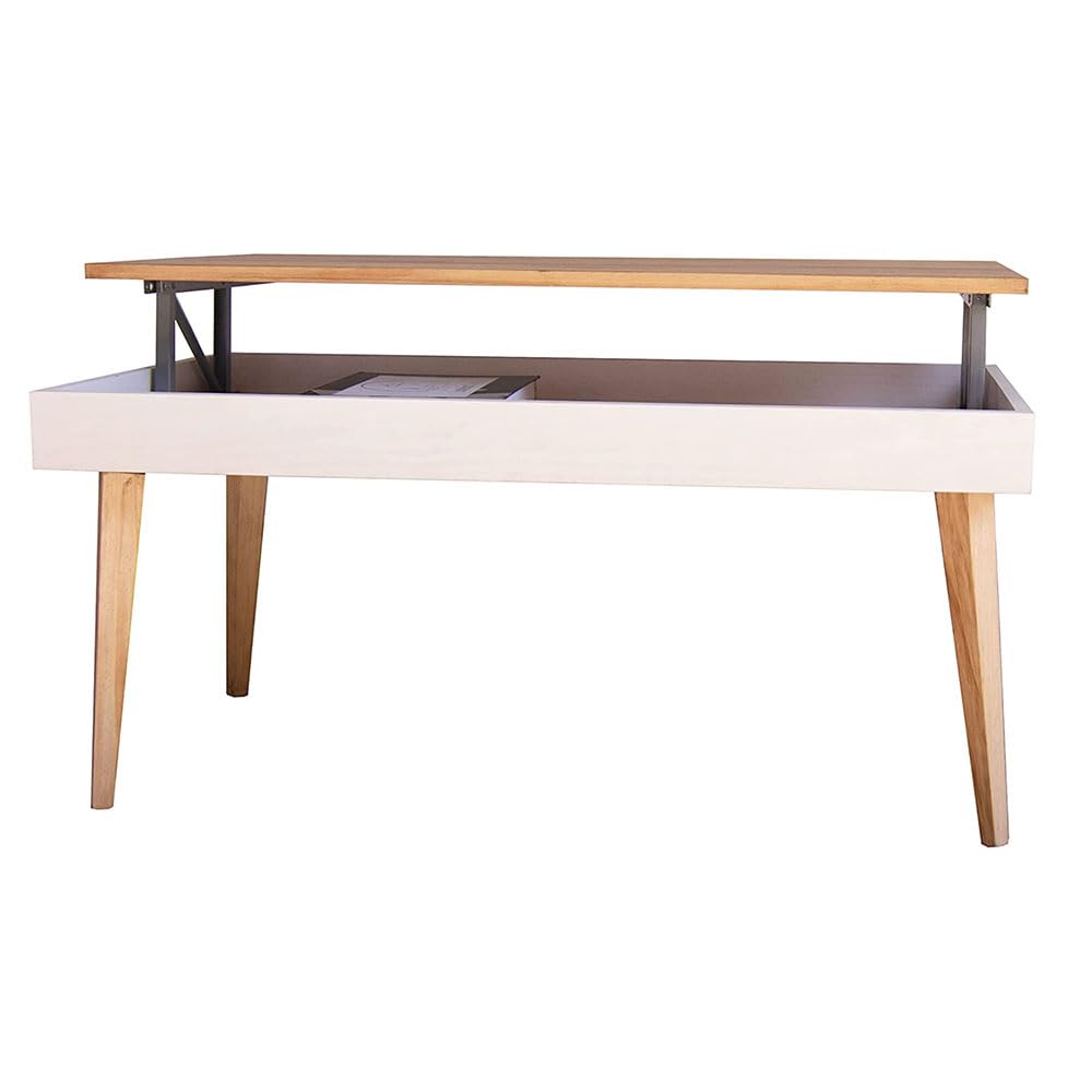 LoMasCasa - Mesa de Centro Elevable con Cajón Modelo Karol de Estilo Nórdico con Acabado Madera y Blanco Fabricada en Madera Natural Maciza de Pino con Medidas: 100 x 50 x 47 cm