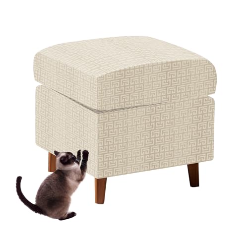 Sfcover Funda Puff Cuadrado con Funda para Cojín,Elástico Terciopelo Fundas Protectoras para Otomanas, Cubierta De Taburete con Cordones Fijos (Beige,S+Cushion (2pcs))