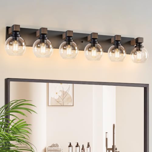 Image of LmnLvn Bathroom Light Fixtures, Farmhouse Wood & Metal with Globe Glass