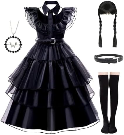 Black Dress Up Costume - Dress Up Clothes for Little Girls with Wig, Necklace, Belt & Socks - Ideal for Halloween