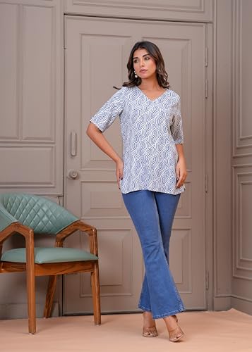 Image of MANHAREE Women's Cotton Floral Printed Short Kurti Top | V-Neck 3 /4 Sleeve Ethnic Tunic for Jeans | Casual Summer Wear Kurta for Women and Girls