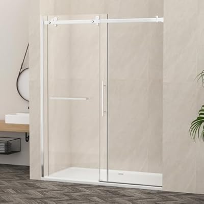 60-60.8" W x 76" H Frameless Shower Door, Sliding Shower Glass Door with Explosion-Proof Film, Water Repellent Shower Door with 1/4" (6mm) Clear Tempered Glass, Stainless Steel Hardware, Chrome