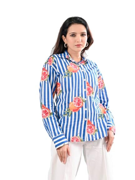 Woven Cotton Regular Fit Shirt for Women Vertical Printed Full Sleeeves Shirt for Women's-picture-11