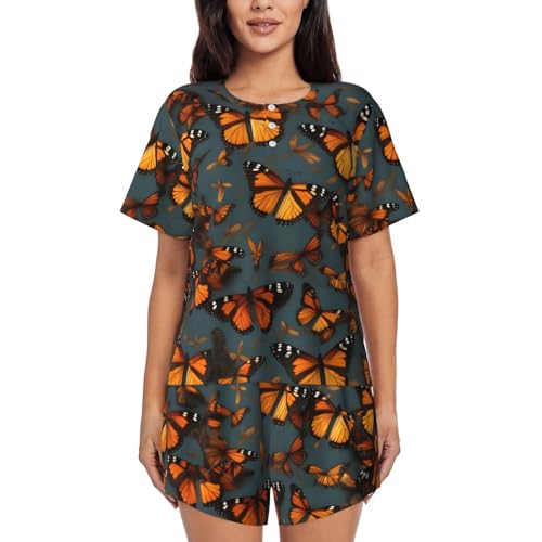 Pyjama à manches courtes femme haut de gamme d'été, ensemble de nuit chic papillons Monarch orange