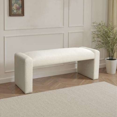 47" End of Bed Bench, Modern Fabric Upholstered Entryway Bench, Footrest Stool Accent Bench with Solid Wood Frame for Bedroom Living Room, White