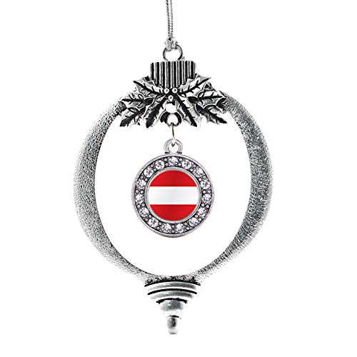 Inspired Silver - Austria Flag - Silver Christmas Ornament - Circle Charm Christmas Tree Ornament with Cubic Zirconia - Holiday Hanging Decoration