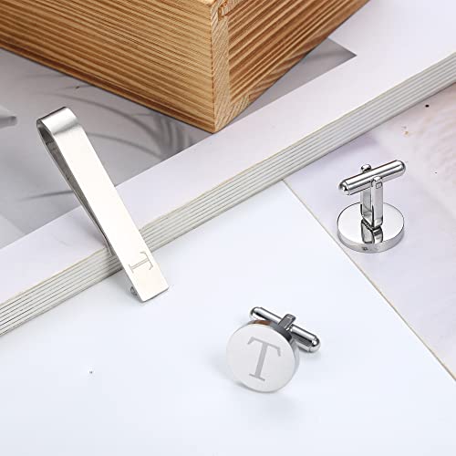 Image of LOYALLOOK Initial Cufflinks and Tie Clip Set for Men Silver Personalized Cuff links and Tie Bar Letter Alphabet A-Z Gift for Father Husband Valentine Gifts for Men