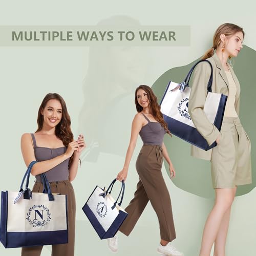 Image of BeeGreen Birthday Gift Ideas For Her Sister, Teacher, Mom, Bridesmaid, Retirement Gifts For Female Coworkers, Mothers,Grandma - Funny Initial Beach Bag With Pocket,Gift Baskets Empty,Navy Tote Bag