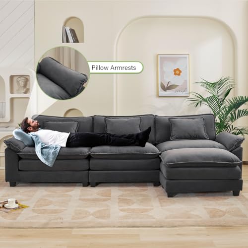 Image of Oprisen 120 inch Modular Sectional Sofa, Comfy Cloud Couch Sectional Sofa with Ottoman, Velvet Sofa Sleeper Deep Seat Sofa with Throw Pillows for Living Room (Blue Gray, 120 inch- L Shape)
