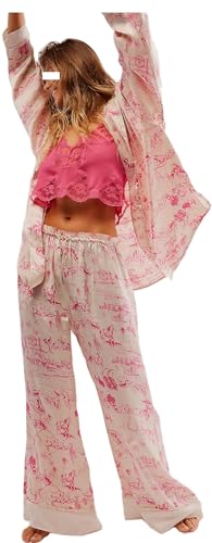Yiulangde Silk Long Sleeve Pajamas For Women Set 2 Piece Satin Button Down Free People Bridal Pajamas Cute Floral Oversized Matching Pj Lounge Sets Pink