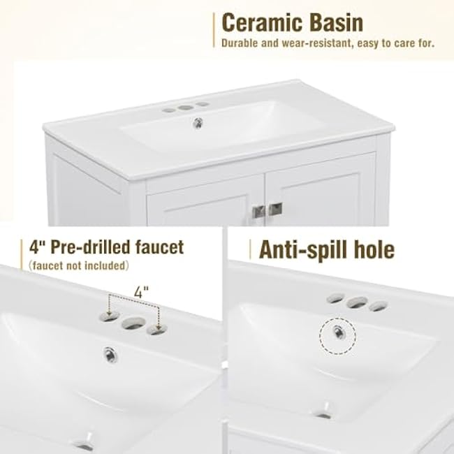 Contemporary Bathroom Vanity Combo Featuring Ceramic Undermount Sink, Storage Cabinet with Soft Close Doors £¦ Divided Drawer, Double Layered Shelves, Overflow Protection, Solid Wood Frame (White 30)