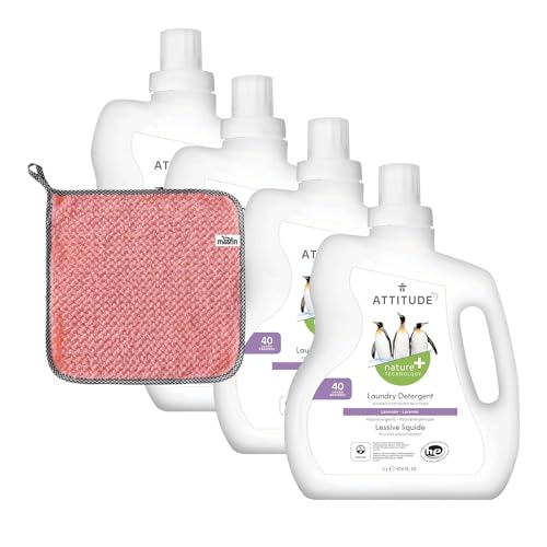 Image of moofin ATTITUDE Nature Laundry Detergent, 67.6 oz - Lavender Scent Liquid Detergent with Cleaning Towel, Liquid Laundry Detergent with Nature Technology, Cleans 40 loads ~(Pack of 4)