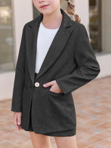 Image of Batermoon Girls Blazer Lapel Long Sleeve Blazer and Pants Set | 2 Piece Outfits Button Front Blazer and Short Pants Suit Sets 4-14 Years