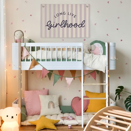 Image of Purple Girls Room Decor Long Live Girlhood Banner, Vintage Stripes Flag Banner Nursery Playroom Wall Decor for Girls Bedroom Dorm Toddler Decorations Teen Girls Kids Room 30x20,girlroom