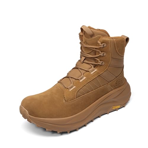 NORTIV 8 Men's Wide Toe Box Work Military Tactical Boots Barefoot Hiking Low Drop Leather Side Zipper Motorcycle Combat Boots Pikes 7 Coyote
