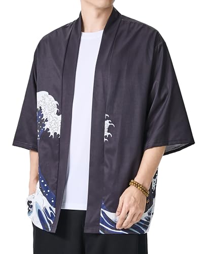 Image of PRIJOUHE Men's Japanese Kimono Cardigan Jackets Casual Long Sleeve Open Front Coat Lightweight Yukata Outwear
