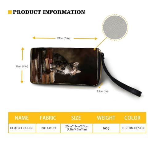 Cat Book Brown Print Wristlet Long Wallet for Women Large Capacity PU Leather Zip Around Clutch Long Purse Large Capacity Credit Card Holder Ladies Travel Coin Pocket Phone Holder3