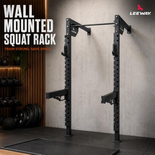 Image of Leeway LF 106 Wall Mounted Squat Rack with Pull Up Bar | Heavy Duty Power Rack, Barbell Stand, Bench Press Stand for Home Gym | 500 KG Capacity, High Jump Power Cage | Made in India (Black, SQ LF106 - Wall Mounted)