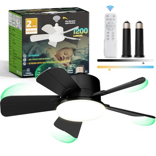 Minmup Socket Fan Light with Remote, Light Bulb Fan with 6 Wind Speeds, 3 Color Dimmable, Up to 1200LM/6500K, Mute Button, Reversible, for Kitchen, Garage