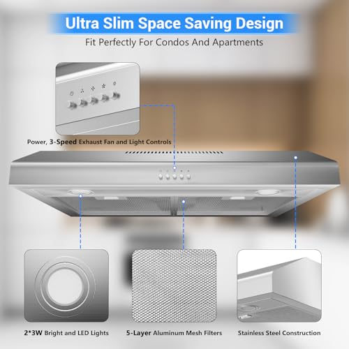 Image of 400 CFM Under Cabinet Range Hood 30 Inch, Stainless Steel Stove Vent Hood with 3 Speed Kitchen Exhaust Fan and Two Bright LED Light, Kitchen Hood 30 Inch for Duct /Ductless Convertible