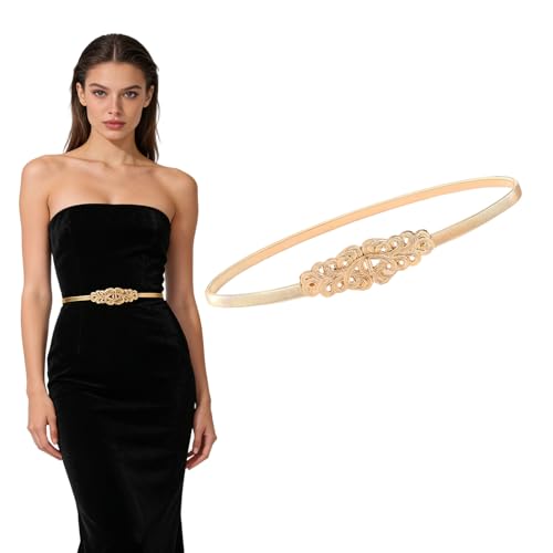 Dimore Women Belts for Dresses - Gold Metal Stretch Skinny Waist Belt Adjustable Elastic Band for Evening & Party (Color 03 Fit Waist 27-33 in)