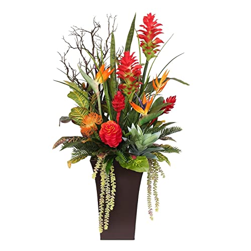 Generic Blue Tropical Silk Flowers with Branch Entry Arrangement in Pot, 24w x 20d x...