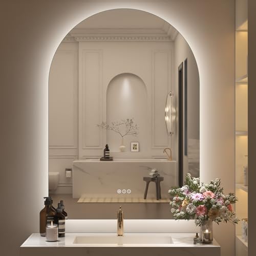 Image of 40x30 Inch Backlit Arched LED Bathroom Mirror | Dimmable Arched LED Vanity Mirror with Lights, Anti-Fog, 3 Colors, Shatterproof, Memory, ETL Listed