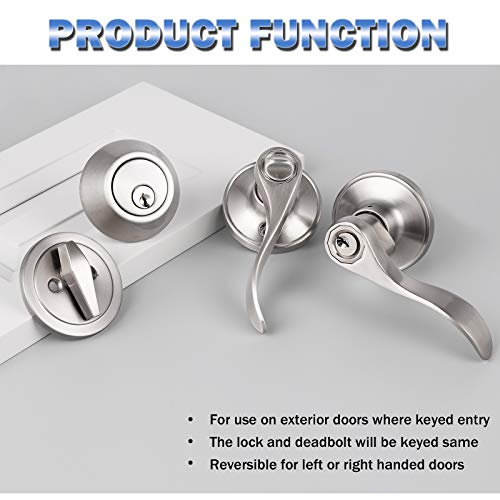 Knobonly 5 Pack Wave Style Door Handleset Locksets, Entrance Door Levers With Single Cylinder Deadbolts In Satin Nickel Finish, All Keyed Alike Front/Entry Doors #TOP2